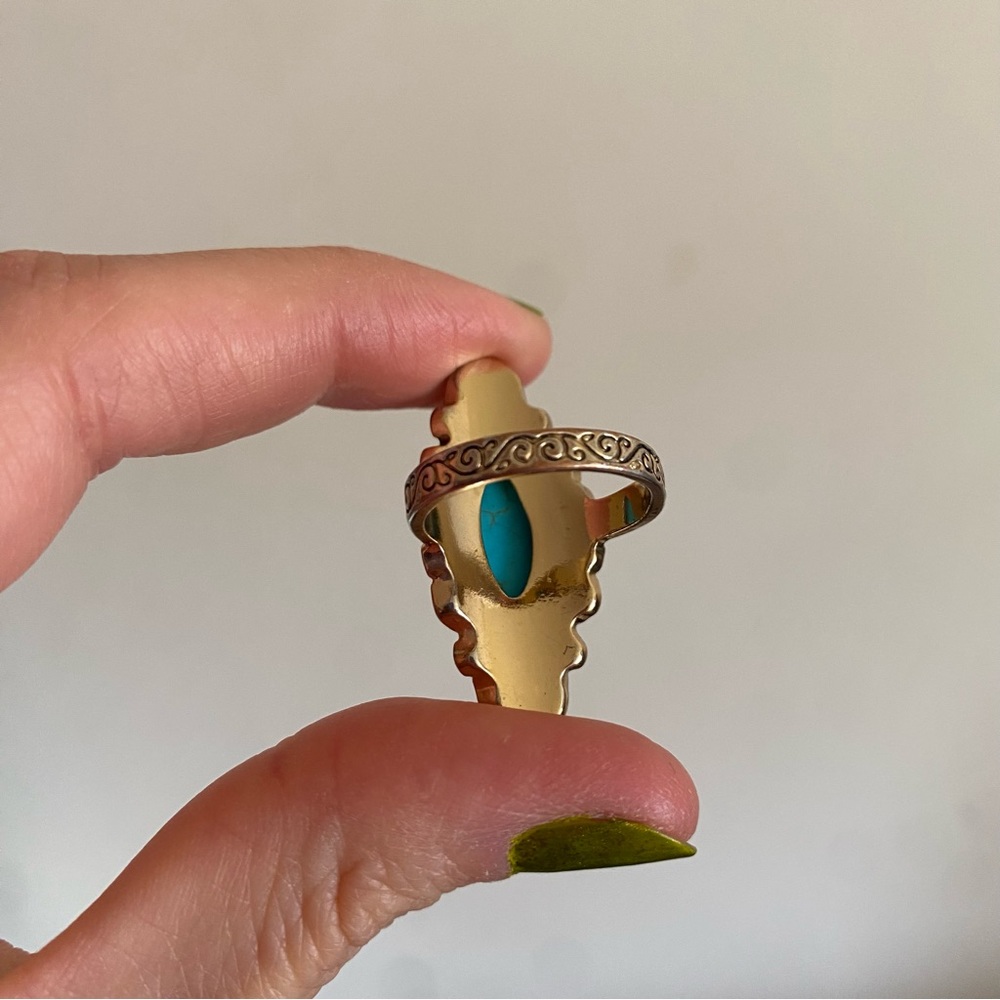 Boho Gold Tone Oblong Ring with Turquoise Tone Center Stone - Picture 3 of 5